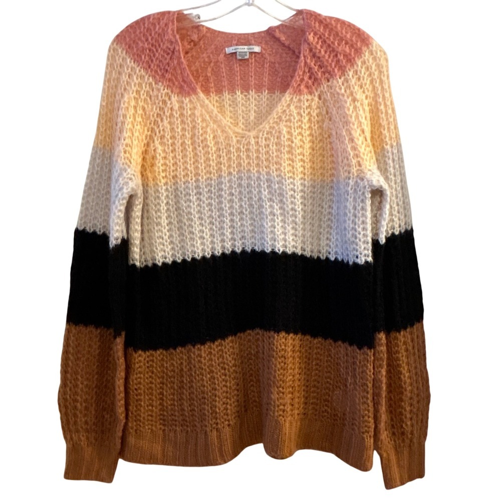 American Eagle Striped V Neck Long Sleeve Sheer Knit‎ Sweater XS